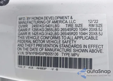 2023 Honda Passport Awd Ex-L из США, поврежденный, VIN 5FNYF8H5XPB005136